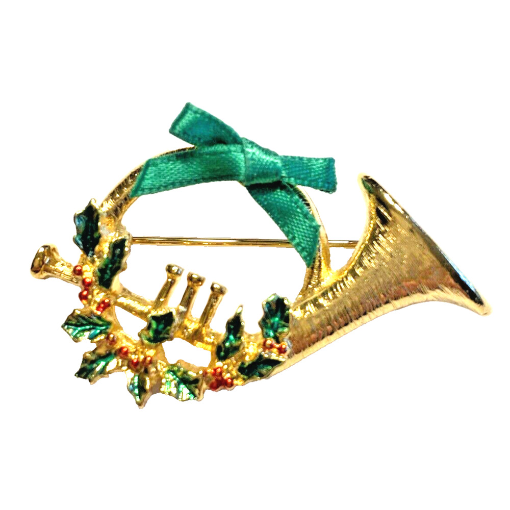 Vintage Christmas Brooch Goldtone French Horn Signed CG USA Festive Holiday Pin